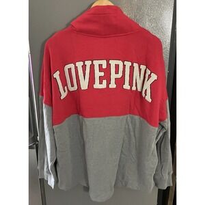 VICTORIA SECRET PINK Women's XL VARSITY COWL NECK PULLOVER RED PEPPER GREY EUC